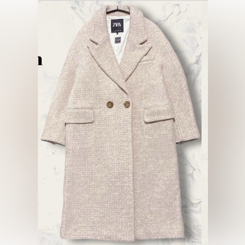 Zara Light Blush Bouclé Double-Breasted Trench Coat Premium Wool Blend